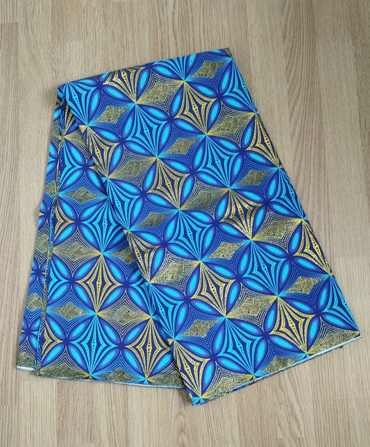 1 yard (90 cm) - Tissu wax pailleté - rosaces bleues et dorées
