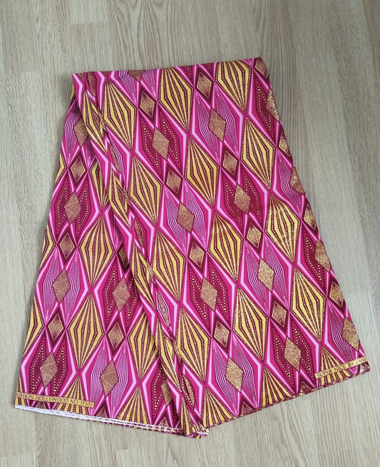 1 yard (90 cm) - Tissu wax pailleté - losanges roses fuchsia et dorés