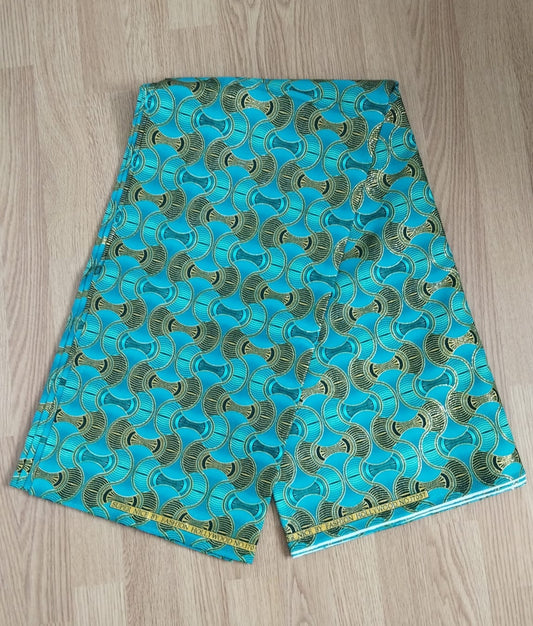 1 yard (90 cm) - Tissu wax pailleté - petits motifs turquoises et dorés