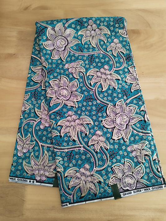 1 yard (90cm) - Tissu wax java - fleurs mauves aux détails dorés sur fond bleu