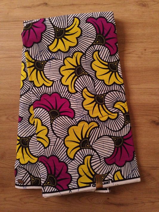 6 yards (5m40) - Tissu wax fleurs de mariage violettes et jaunes