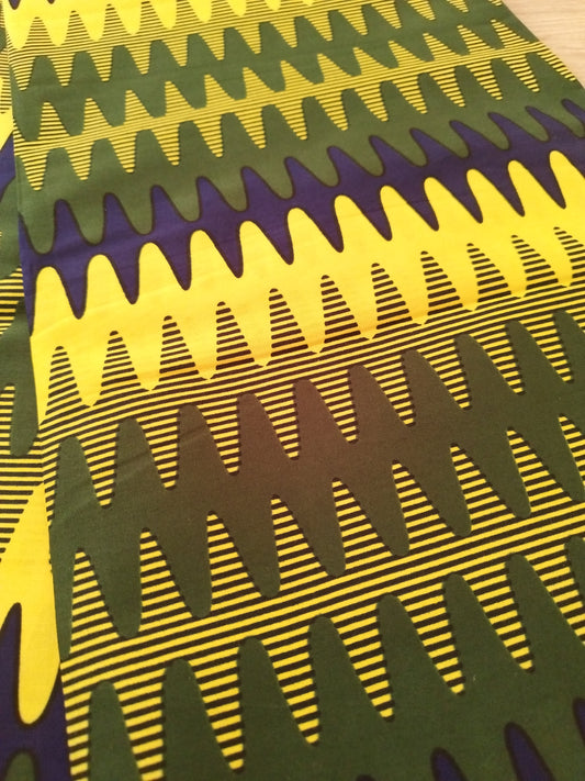 1 yard (90 cm) - Tissu wax "électrocardiogramme" vert, jaune et noir