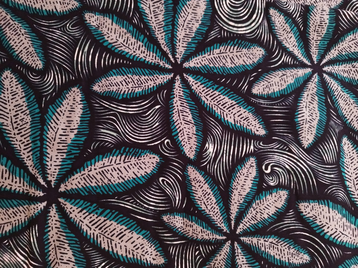 1 yard (90 cm) - Tissu wax feuilles beiges et bleues