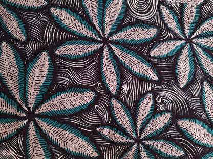 1 yard (90 cm) - Tissu wax feuilles beiges et bleues