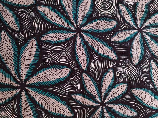 1 yard (90 cm) - Tissu wax feuilles beiges et bleues