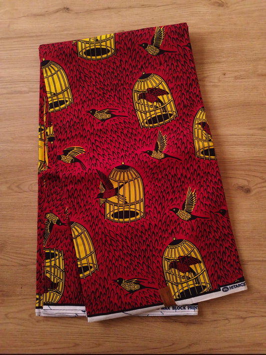 1 yard (90 cm) - Tissu wax motifs "si tu sors, je sors" jaune et rouge