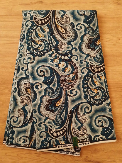 1 yard (90 cm) - Tissu wax java avec strass - vert et doré