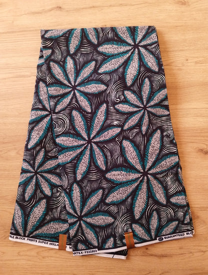 1 yard (90 cm) - Tissu wax feuilles beiges et bleues