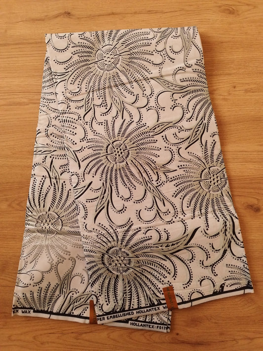 1 yard (90 cm) - Tissu wax java motifs blancs et turquoises brillants