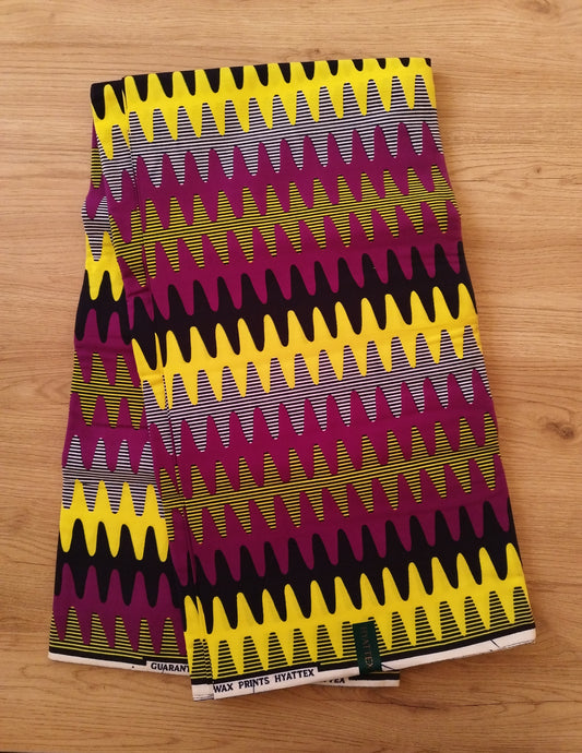 1 yard (90 cm) - Tissu wax motif électrocardiogramme violet, jaune, noir
