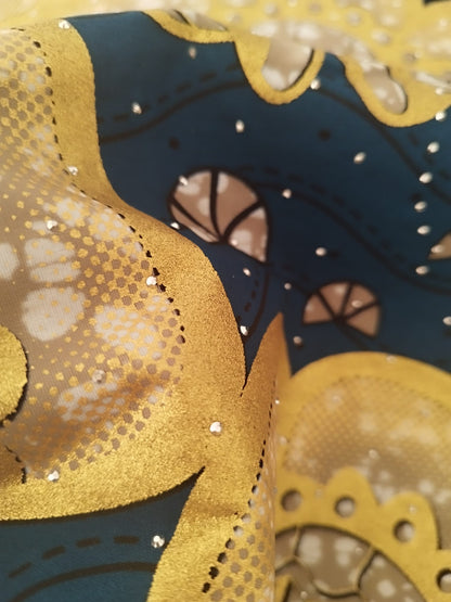 1 yard (90 cm) - Tissu java gold éventails dorés fond vert canard et strass