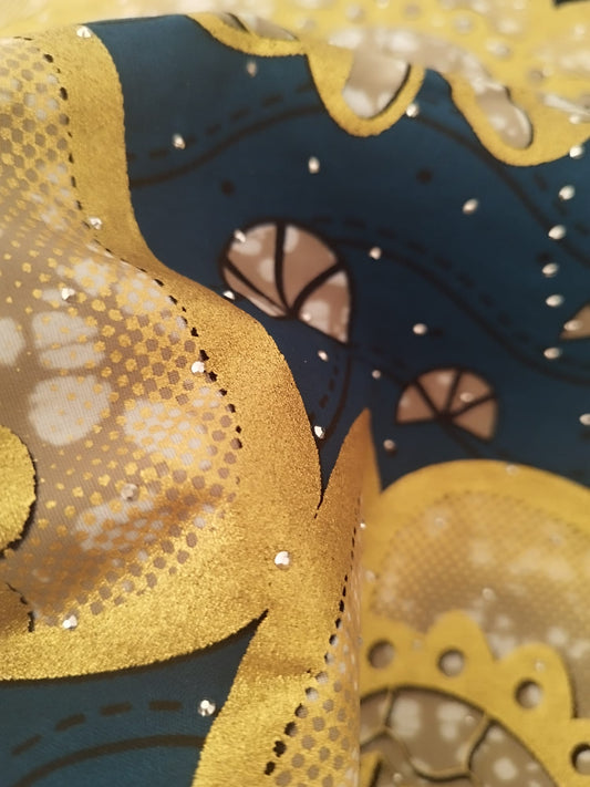 1 yard (90 cm) - Tissu java gold éventails dorés fond vert canard et strass
