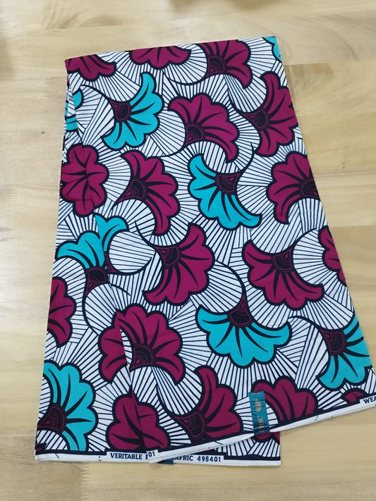 6 yards (5m40) - fleurs de mariage roses fuschia et bleues