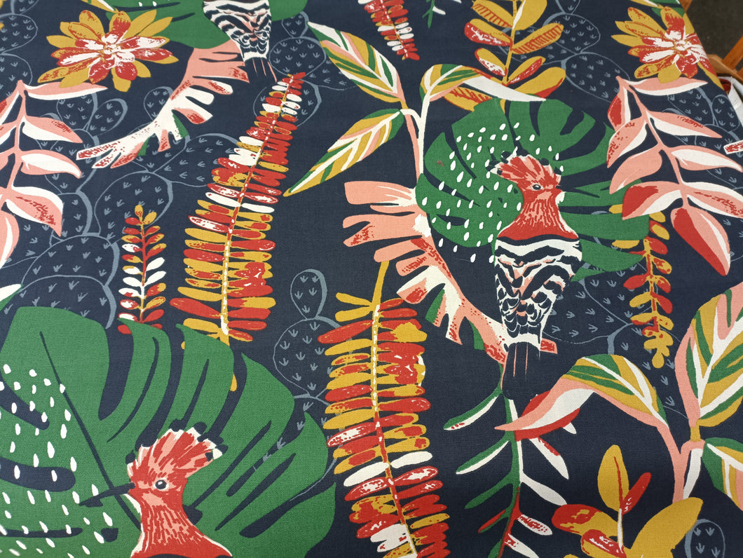 Tissu coton épais demi-natté - oiseaux et feuilles tropicales - certifié Oeko-Tex - par 50 cm