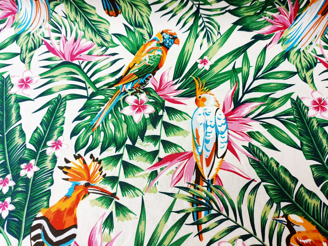 Tissu toile de coton imprimée - oiseaux et feuilles tropicales - 280 cm de largeur
