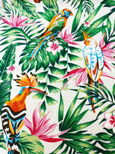 Charger l&#39;image dans la galerie, Tissu toile de coton imprimée - oiseaux et feuilles tropicales - 280 cm de largeur

