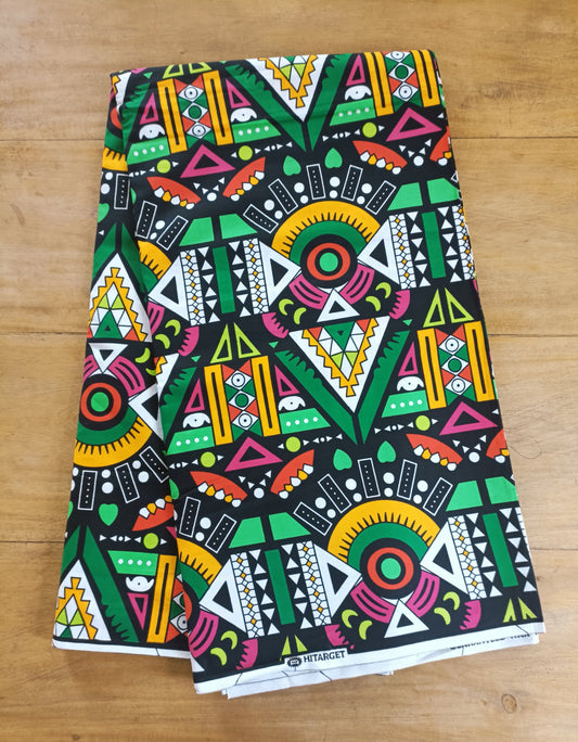 1 yard (90 cm) - Tissu wax - motifs graphiques à dominante verte