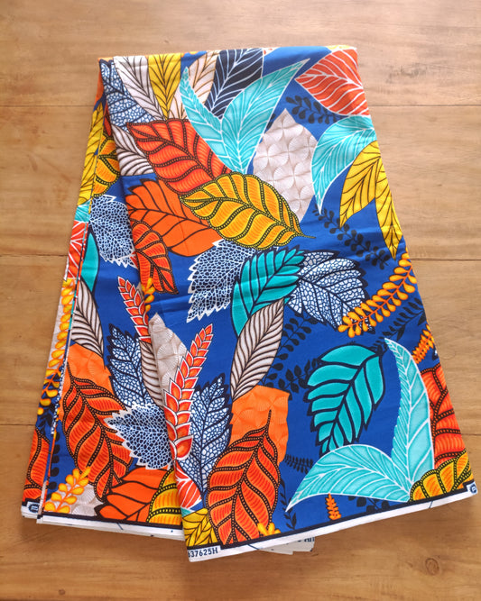 1 yard (90 cm) - Tissu wax - feuilles tropicales fond bleu roi