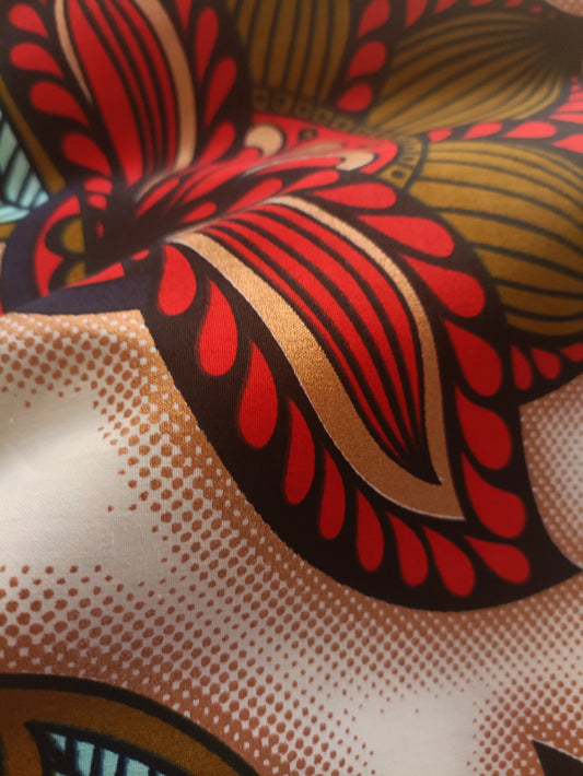 1 yard (90 cm) - Tissu wax java gold - fleurs rouges et marrons aux détails roses gold