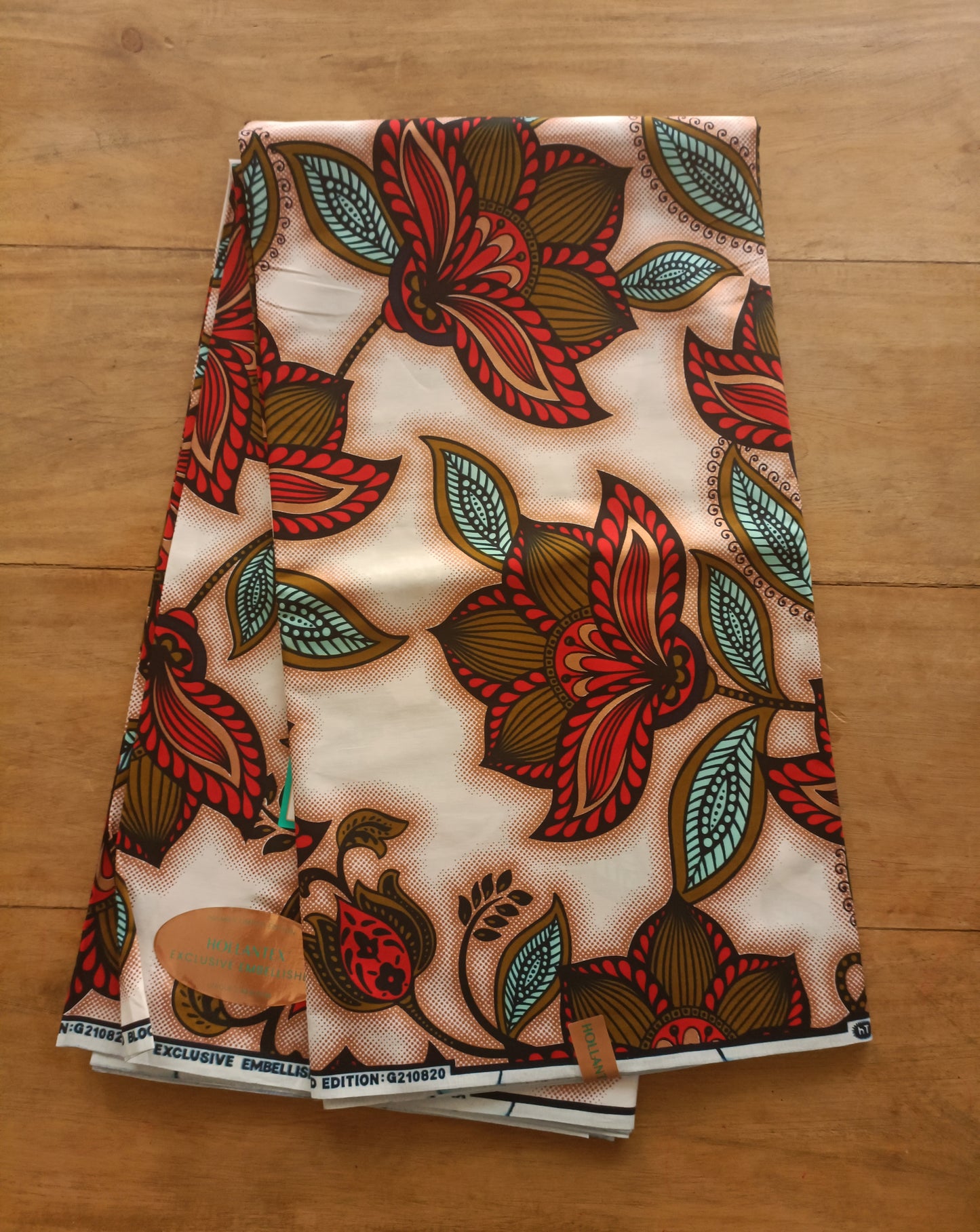 1 yard (90 cm) - Tissu wax java gold - fleurs rouges et marrons aux détails roses gold
