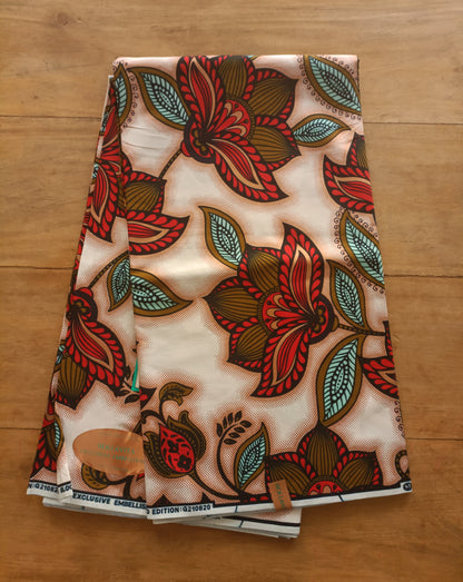 1 yard (90 cm) - Tissu wax java gold - fleurs rouges et marrons aux détails roses gold