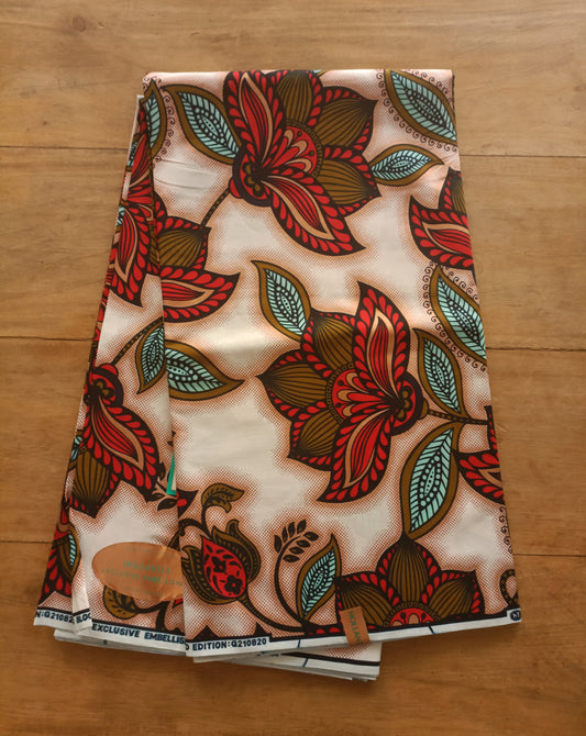 1 yard (90 cm) - Tissu wax java gold - fleurs rouges et marrons aux détails roses gold