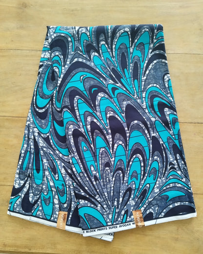 1 yard (90 cm) - Tissu wax - motifs gris et bleu/vert turquoise