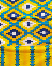 Charger l&#39;image dans la galerie, Tissu wax - imprimé façon kente bleu, jaune, blanc - par 50 centimètres
